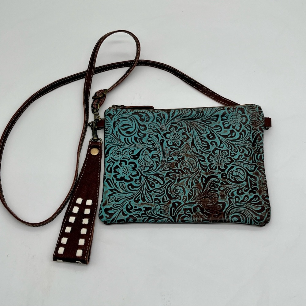 Myra Bag Turquoise Floral Tooled Leather Wristlet with Brown Accents
